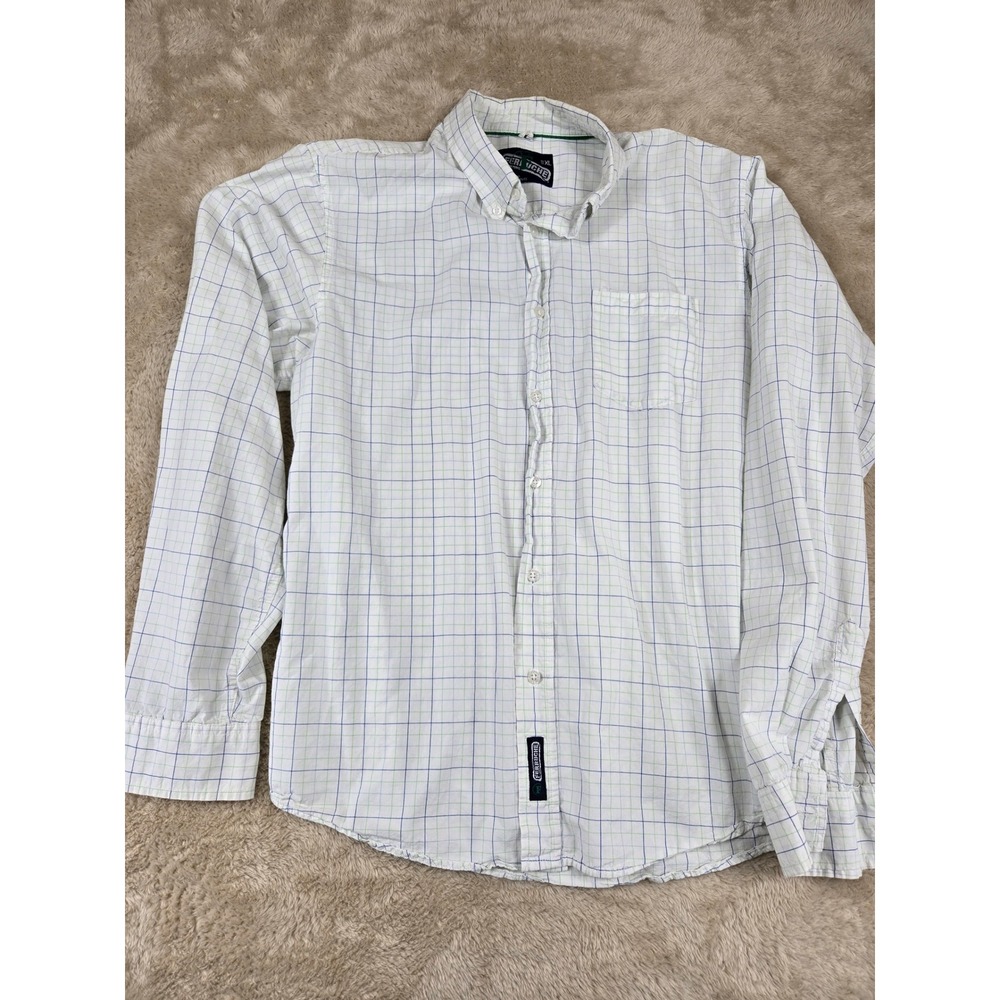 Ferruche‎ Mens XL White Blue Green Plaid Button Down Long Sleeve Shirt Pocket